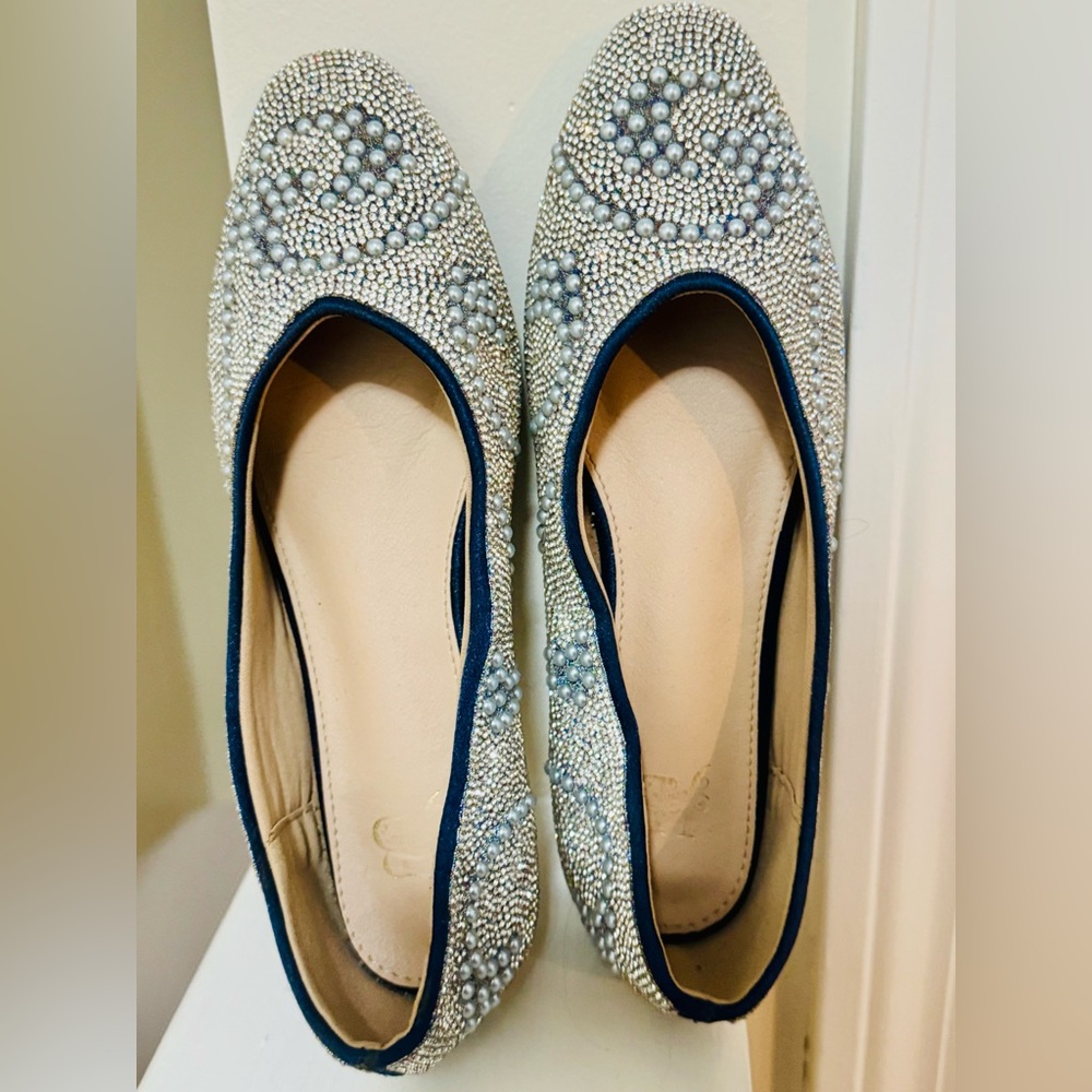 Embellished Silver Flats with Blue Trim